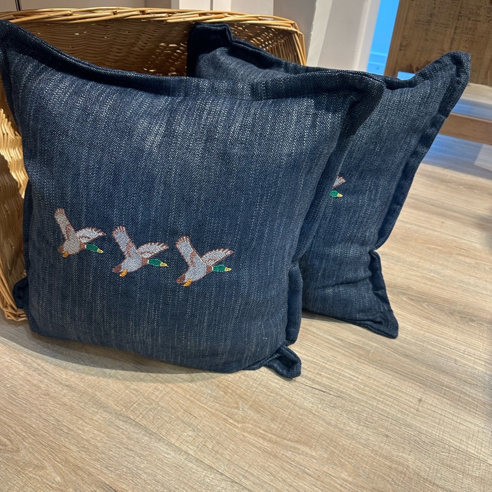 Embroidered Mallard Denim Throw Pillows set of 2